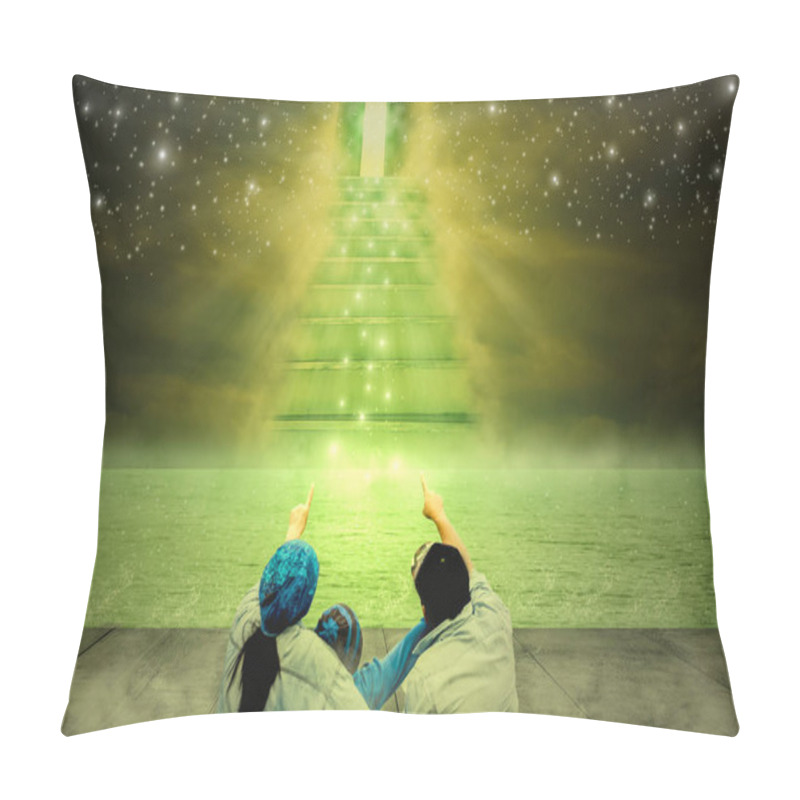 Personality  Family Sits On A Wooden Balcony, Hands Pointing To The Door With Light And Stars Sifting Through, The Imaginary Conception Is Endless. Pillow Covers