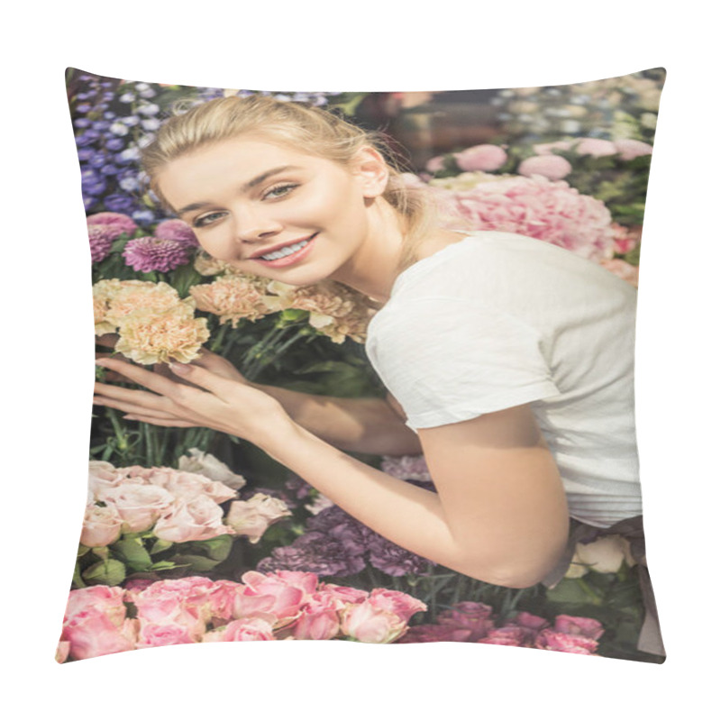 Personality  Smiling Attractive Florist Hugging Bouquets In Flower Shop And Looking At Camera Pillow Covers