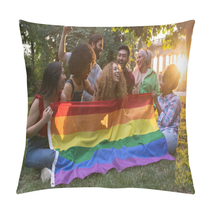 Personality  Group Of Diverse People Behind A Gay Pride Rainbow Flag, Pride Day Celebrations. Lgbtq Pillow Covers