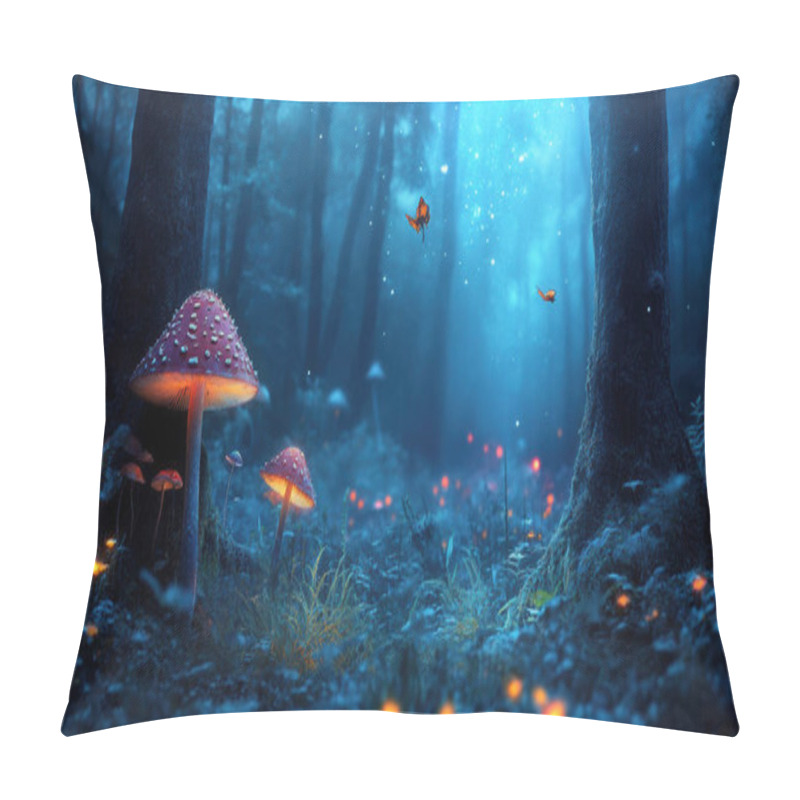 Personality  Fantastical Forest Filled With Vibrant Mushrooms And Glowing Flora, Where Butterflies Flutter Amidst Enchanting Atmosphere. Scene Evokes Sense Of Wonder And Magic. Pillow Covers