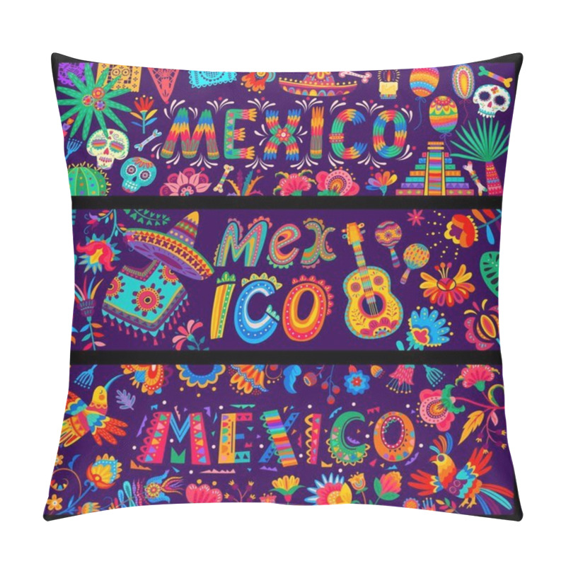 Personality  Cartoon Mexican Holiday Vector Banners With Day Of The Dead Sugar Skulls, Paper Flags, Sombrero And Poncho Pattern. Mexico Guitar, Maracas And Flowers, Cactuses, Tropical Hummingbird And Parrot Birds Pillow Covers