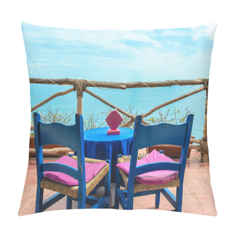 Personality  Coffee Table On Rustic Balcony, With Cliff And Blue Sea In Acapu Pillow Covers