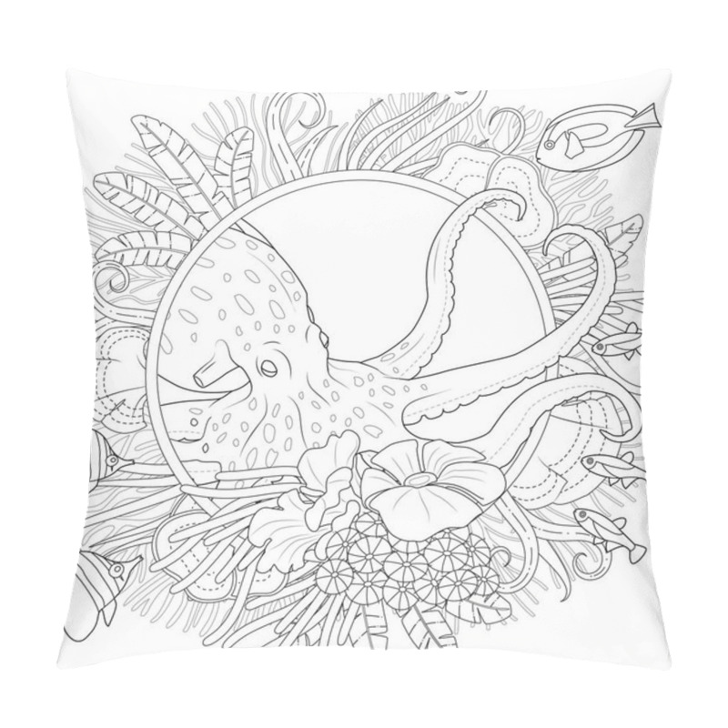 Personality  Octopus And Fishes Black And White Vector Illustration Pillow Covers