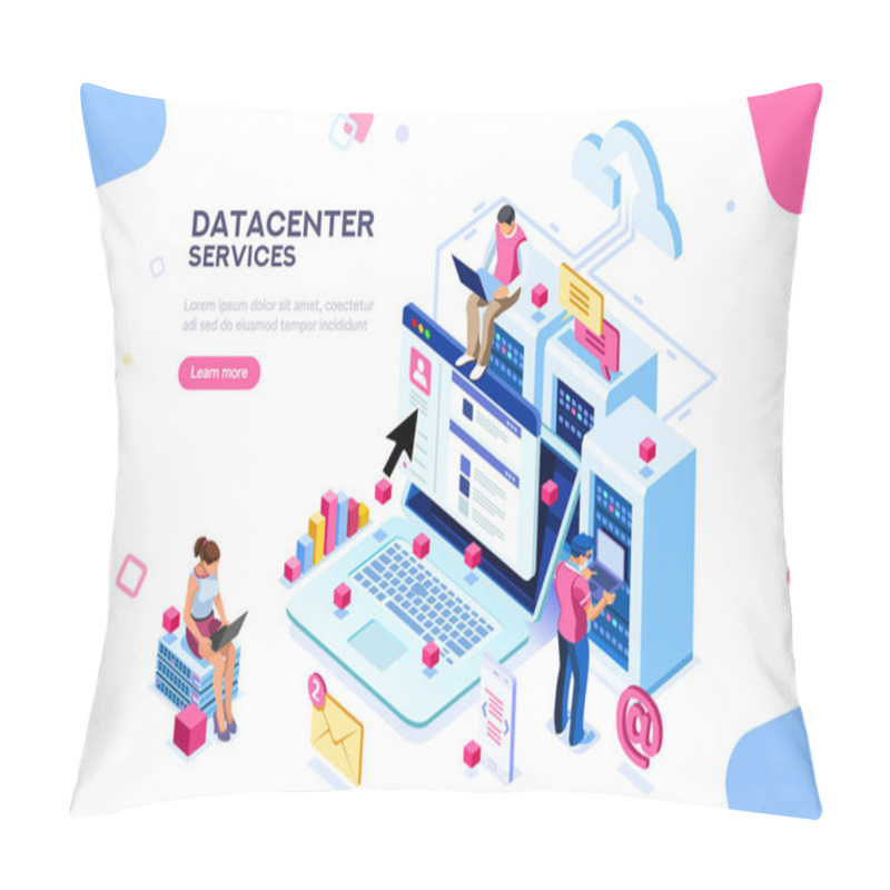 Personality  Internet Datacenter Connection, Administrator Of Web Hosting Concept. Character And Text For Services. Tech Repair Center Hardware Software Database For Safe Server. Flat Isometric Vector Illustration Pillow Covers