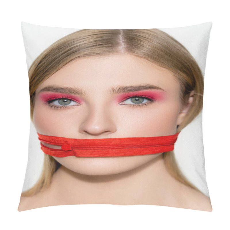 Personality  Young Woman With Red Eye Shadow And Zipper On Mouth Looking At Camera Isolated On Grey  Pillow Covers