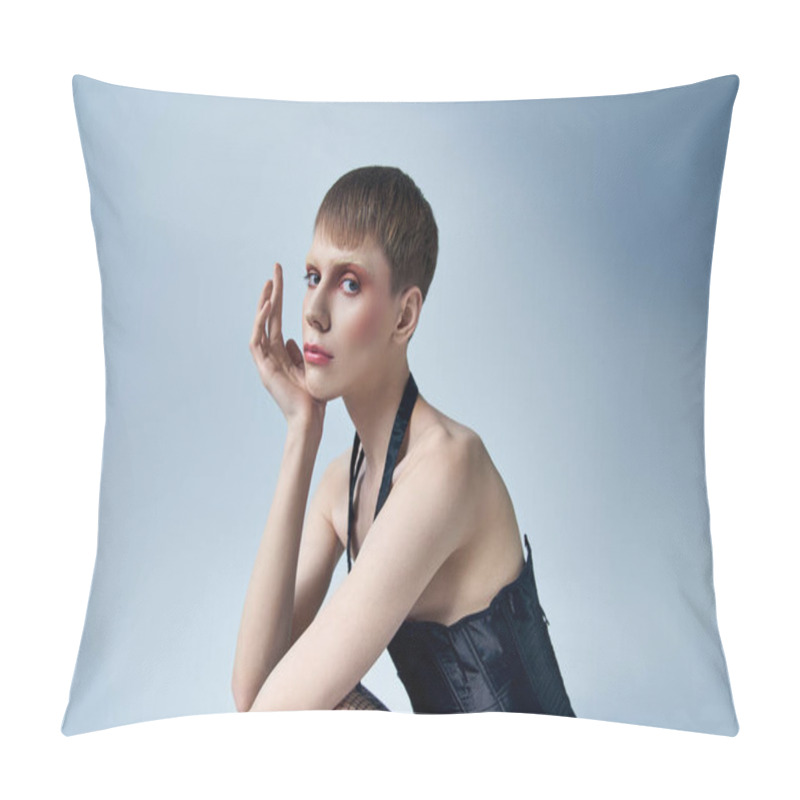 Personality  Model In Corset And Fishnet Tights Sitting On Grey Backdrop, Androgynous Person, Queer Fashion Pillow Covers