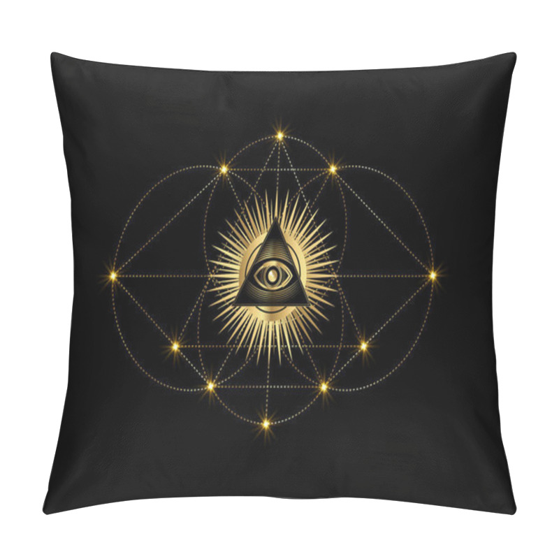 Personality  Sacred Masonic Symbol Vesica Piscis Gold Sacred Geometry. All Seeing Eye, The Third Eye Or The Eye Of Providence Inside Triangle Pyramid. Circles And Line Dots Vector Illustration Isolated On Black  Pillow Covers