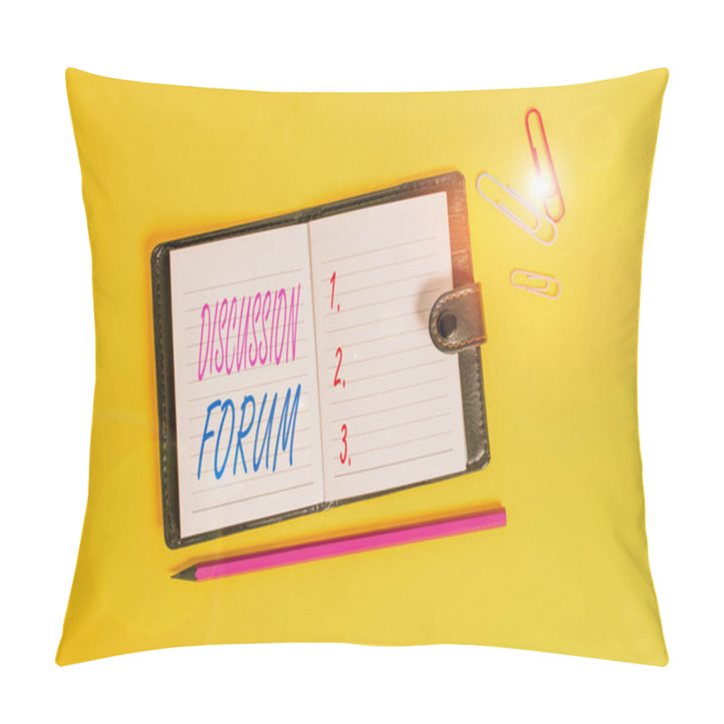 Personality  Conceptual Hand Writing Showing Discussion Forum. Business Photo Text Section Of A Website That Is Used For Public Discussion Dark Leather Locked Diary Striped Sheets Marker Colored Background. Pillow Covers