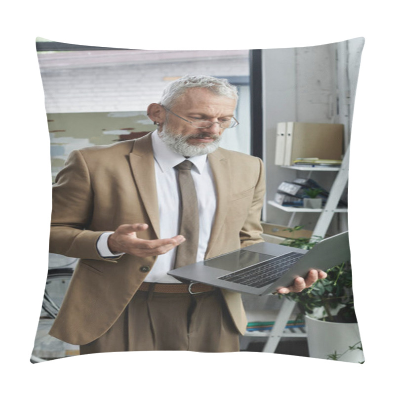 Personality  A Middle-aged Man With A Beard, Wearing A Suit, Teaches Online Through A Laptop In A Bright, Modern Office. Pillow Covers