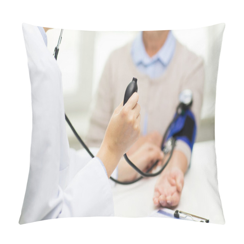 Personality  Doctor With Tonometer And Senior Woman At Hospital Pillow Covers