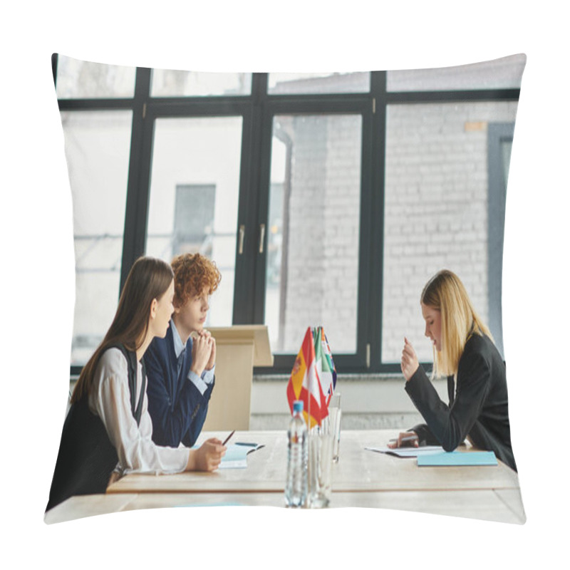 Personality  Teenagers Participate In A Model UN Conference, Engaging In Diplomatic Discussions And Negotiations. Pillow Covers