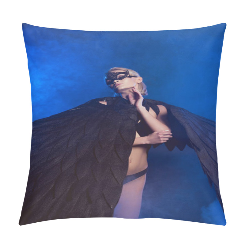 Personality  Beautiful Sexy Woman In Lace Mask And Black Angel Wings Touching Face And Posing On Dark Blue Background Pillow Covers