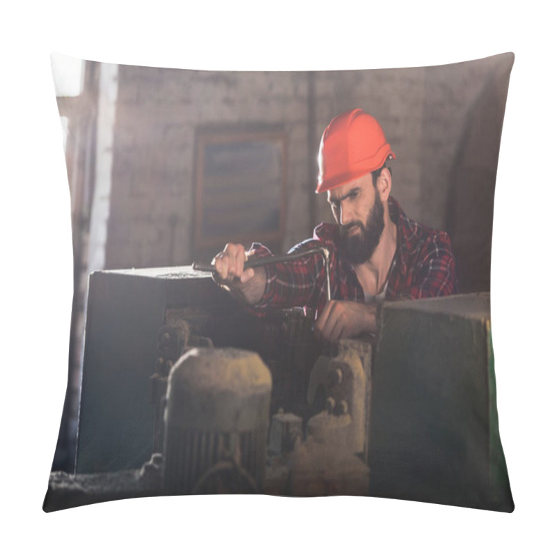 Personality  Serious Worker In Protective Helmet Repairing Machine Tool At Sawmill  Pillow Covers