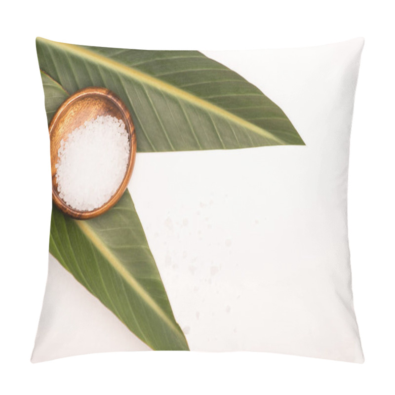 Personality  Top View Of Wooden Bowl With Sea Salt And Green Leaves On White Surface Pillow Covers