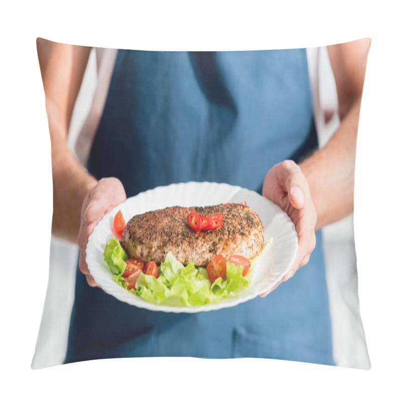 Personality  Partial View Of Male Hands With Cooked Meat On Plate Pillow Covers