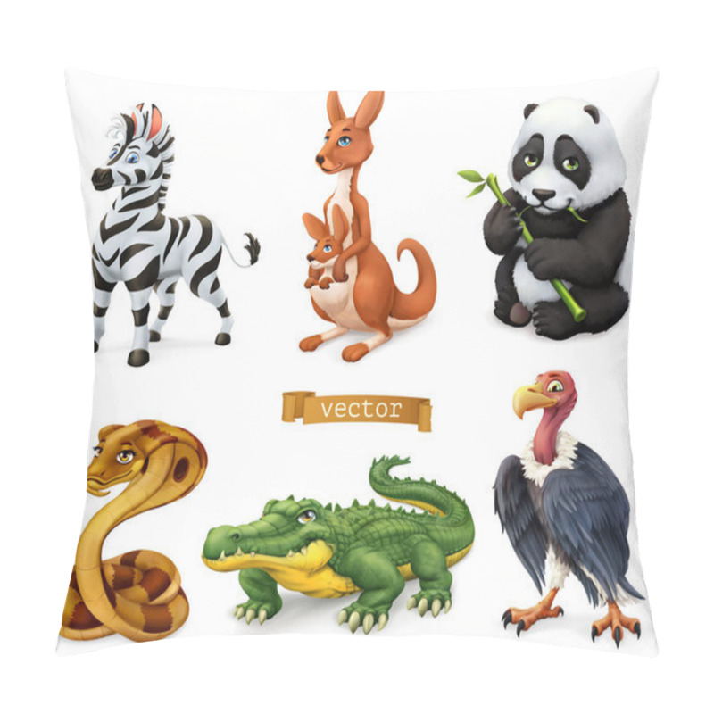 Personality  Funny Animals. Zebra, Kangaroo, Panda Bear, Cobra Snake, Crocodile, Vulture. 3d Vector Icon Set Pillow Covers