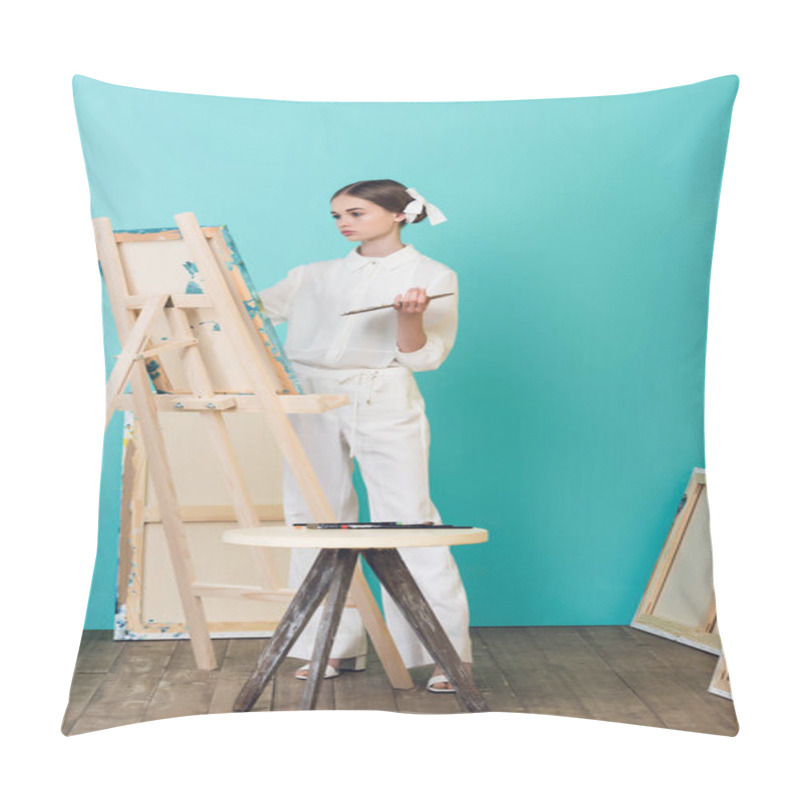 Personality  Teen Artist Painting On Easel In Workshop Pillow Covers