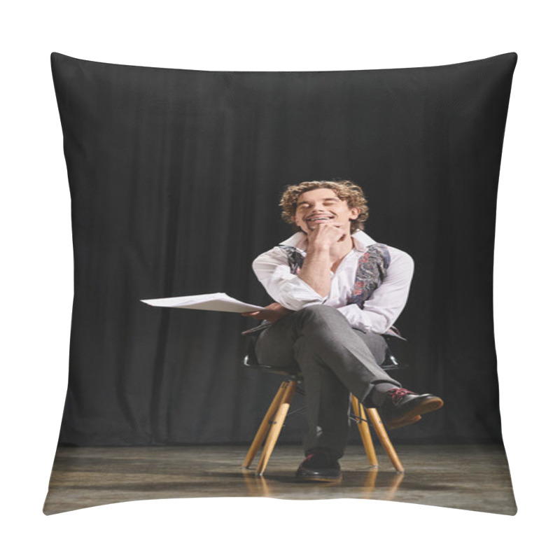 Personality  A Man Captivated By The Contents Of A Paper While Seated On A Chair. Pillow Covers