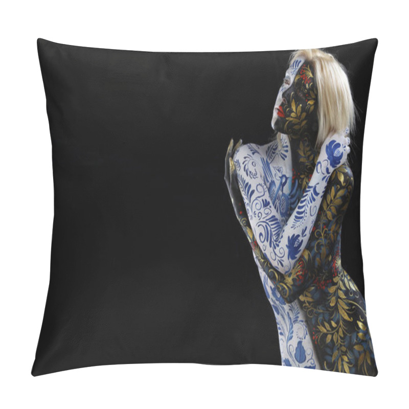 Personality  Body Art Portrait Of A Girl In The Style Of Khokhloma And Gzhel On A Black Background Studio Pillow Covers