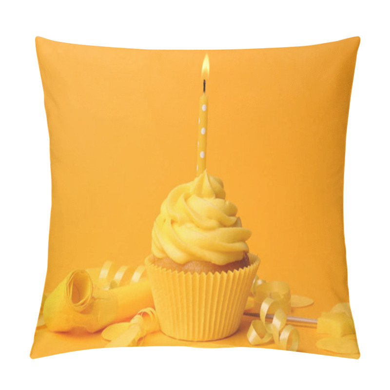 Personality  Delicious Birthday Cupcake With Burning Candle On Yellow Backgro Pillow Covers