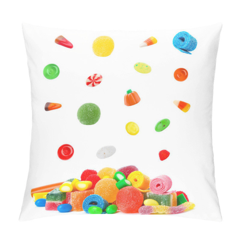 Personality  Many Different Candies Falling Into Pile On White Background Pillow Covers