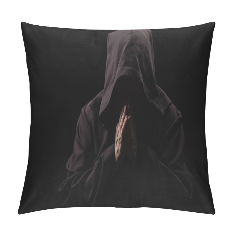 Personality  Medieval Monk With Face Under Dark Hood Praying Isolated On Black Pillow Covers