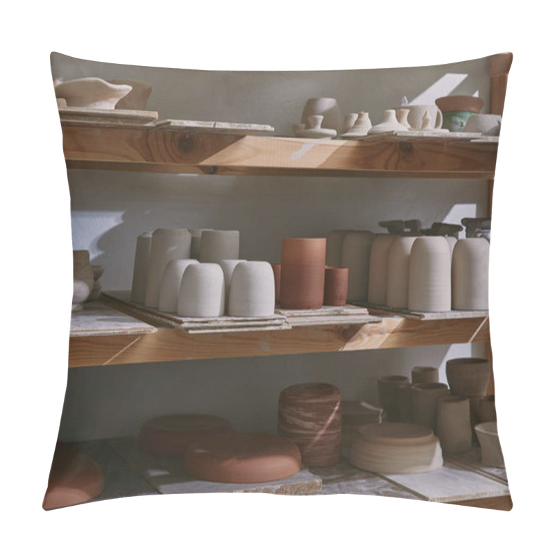 Personality  Ceramic Bowls And Dishes On Wooden Shelves At Pottery Studio Pillow Covers