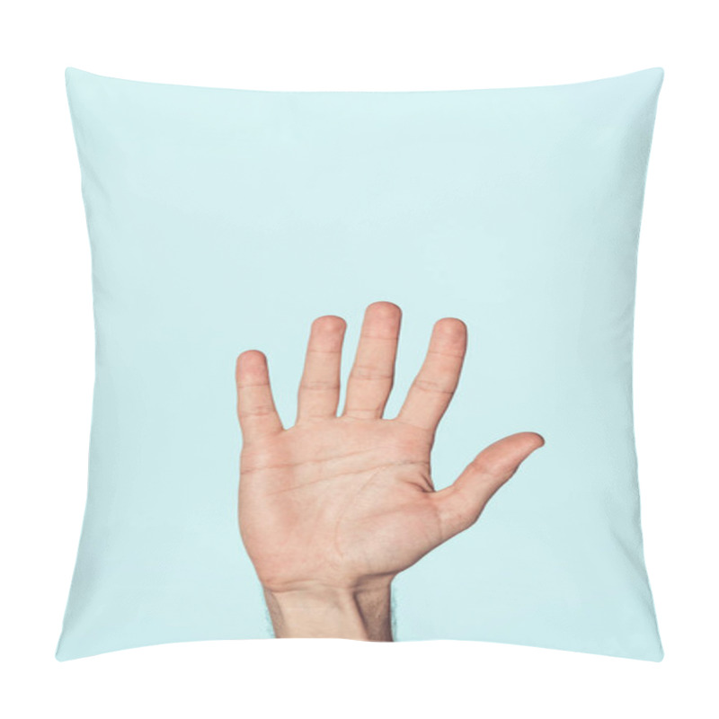 Personality  Partial View Of Man Gesturing By Hand Isolated On Blue Background  Pillow Covers