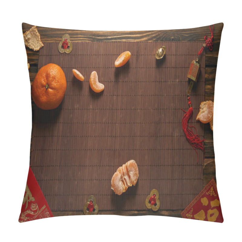 Personality  Top View Of Tangerines And Traditional Chinese Decorations On Bamboo Mat, Chinese New Year Concept Pillow Covers