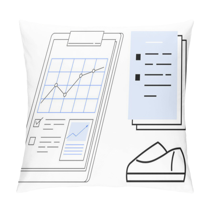 Personality  Analytics Chart With Rising Trendline, Documents, And A Calculator. Ideal For Business Reports, Financial Analysis, Marketing Strategies, Research, Presentations, Office Environments. Line Metaphor Pillow Covers