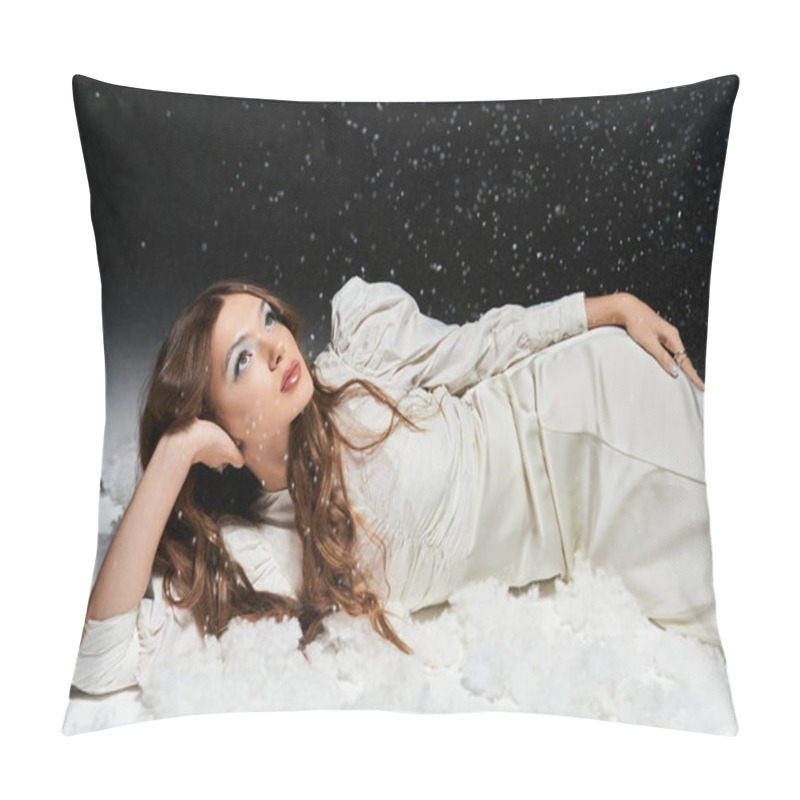 Personality  A Beautiful Young Woman Relaxes On A Cloud Of Snow, Exuding Elegance And Tranquility In Winter. Pillow Covers