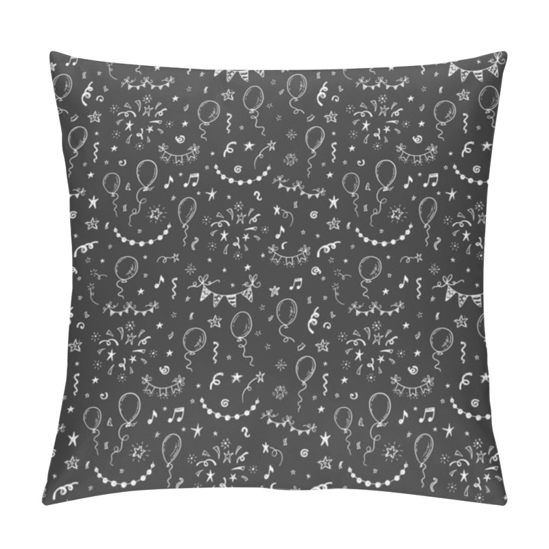 Personality  Hand Drawn Doodle Party Background With Air Balloons, Fireworks, Confetti, And Bunting Flags Garlands On A Blackboard Pillow Covers