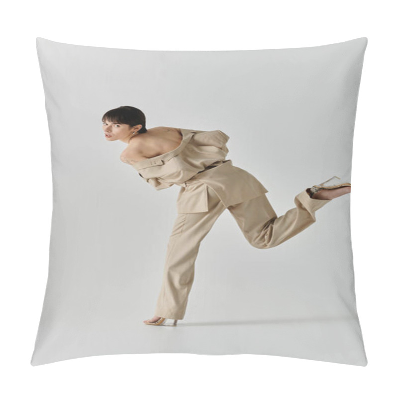 Personality  A Woman In A Tan Pantsuit Runs Towards The Camera, Her Shirt Pulled Back To Reveal Her Shoulders. Pillow Covers