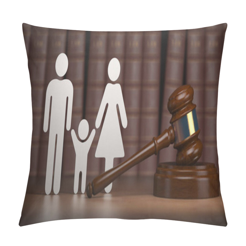 Personality  Familty Law. Gavel And Shapes Of Men, Women And Child With Books. 3d Illustration Pillow Covers