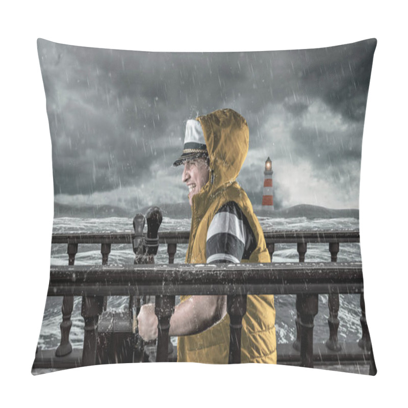 Personality  Helmsman With Vest And Cap Struggle Against Storm In Front Of Stormy Sea Pillow Covers