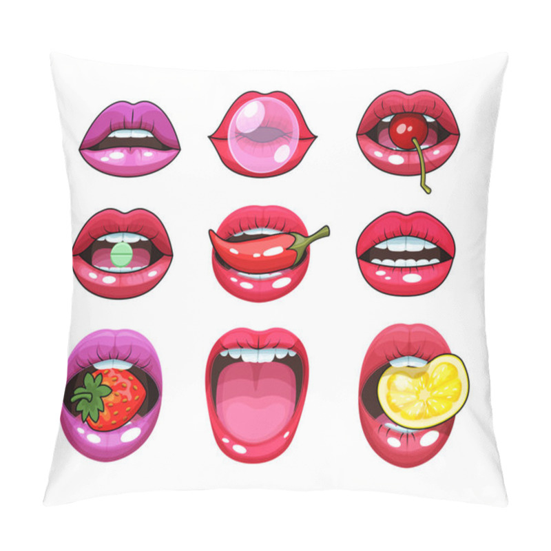 Personality  Sexy Woman Mouth Set. Red Sexy Girls Lips Stickers Expressing Differents Emotions. Sexy Sensual, Provocative Lips With Pepper, Lemon, Strawberry, Chewing Gum, Pill In The Teeth Vector Illustration Pillow Covers