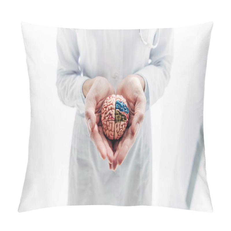 Personality  Cropped View Of Doctor In White Coat Holding Model Of Brain In Clinic  Pillow Covers