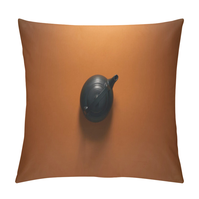 Personality  Top View Of Black Ceramic Teapot On Brown Background  Pillow Covers