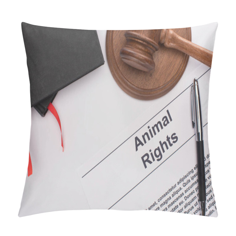 Personality  Top View Of Black Notebooks, Animal Rights Inscription, Judge Gavel And Pen On White Background Pillow Covers