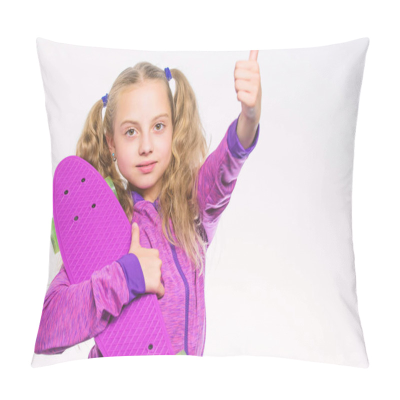 Personality  Sport Activity. Having Fun With Skateboard. I Have Penny Board. Small Girl After Riding. Little Girl With Purple Skate-board. Hipster Child With Penny Board Isolated On White, Copy Space. Thumb Up Pillow Covers