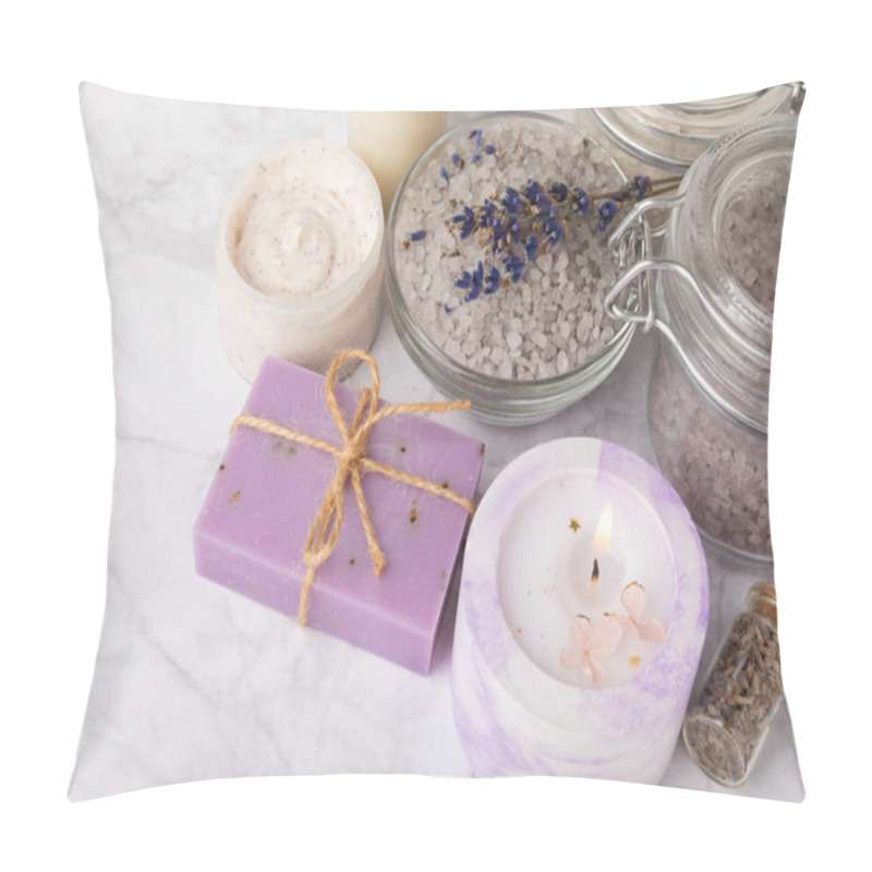 Personality  Lavender Flowers, Fragrant Sea Salt, Body Cream And Candle. The Concept Of Spa, Beauty And Health Salon, Skin Care Cosmetics. Natural Cosmetics.Aroma Procedures. Closeup On White Marble Background. Pillow Covers