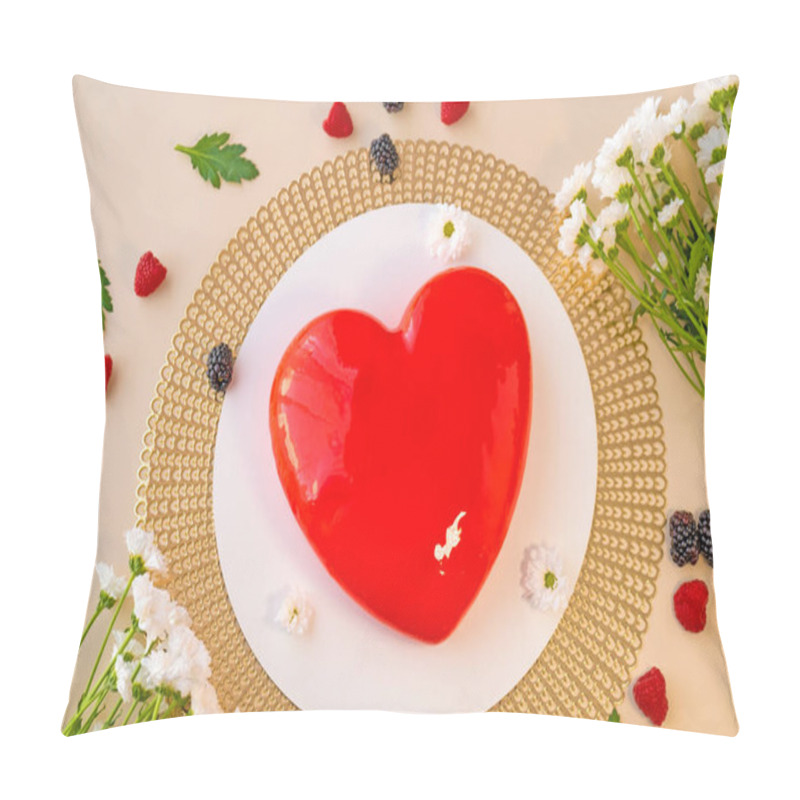 Personality  Heart Cake.Valentines Day Dessert.Mousse Cakes.Red Heart Cake And White Daisies. Wedding Dessert Cake With Berries And Chamomile Flowers.Cake For A Loved One.View From Above. Baked Goods And Desserts  Pillow Covers