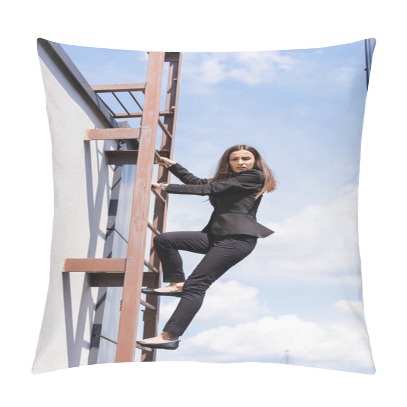 Personality  Frightened Woman, Suffering From Acrophobia, Looking Down While Climbing Stairs On Rooftop Pillow Covers