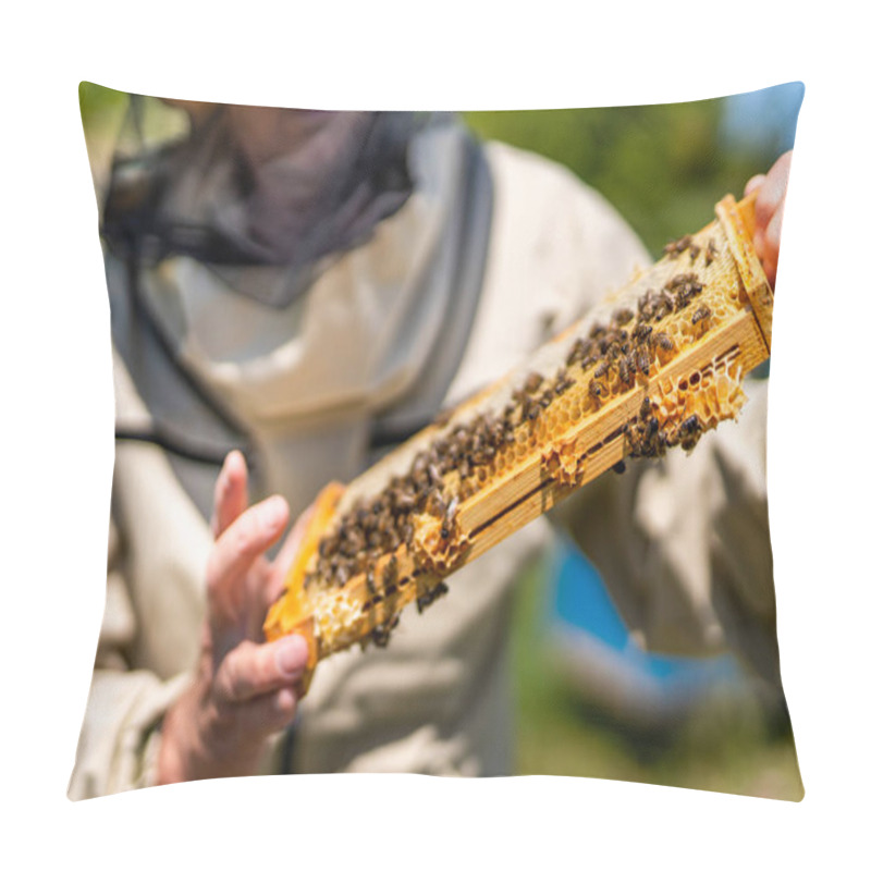 Personality  Summer Farming Worker Harvesting Honey. Honeybee Wooden Frame Holding In Hands. Pillow Covers