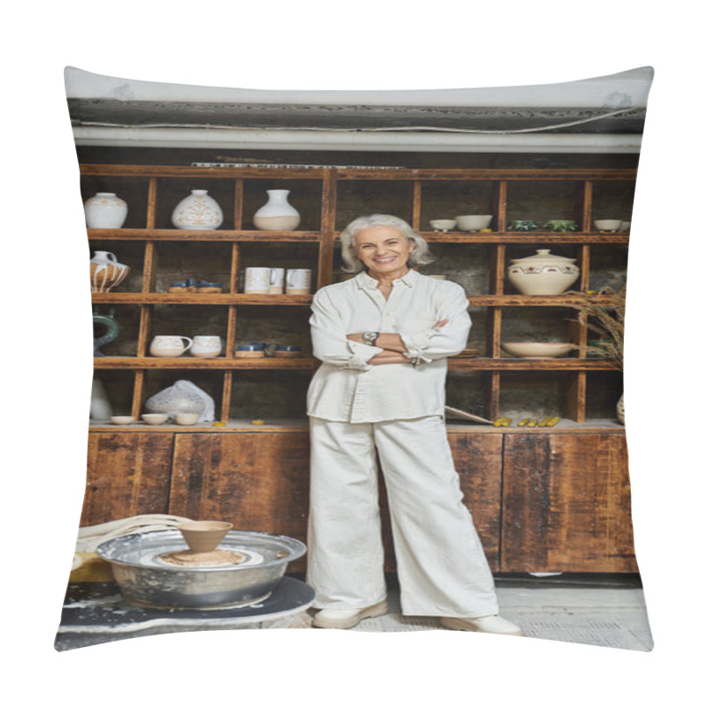 Personality  An Elegant Mature Woman Smiles In Her Pottery Studio, Surrounded By Crafted Ceramics And Art. Pillow Covers