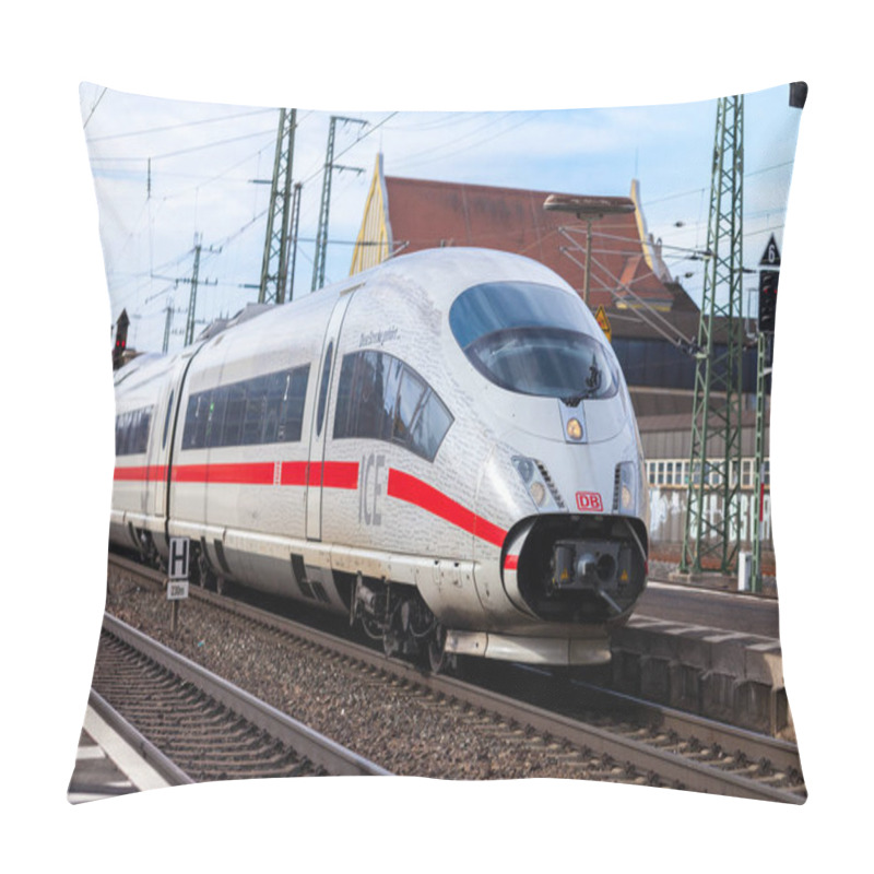 Personality  FUERTH / GERMANY - MARCH 11, 2018: ICE 3, Intercity-Express Train From Deutsche Bahn Passes Train Station Fuerth In Germany. Pillow Covers