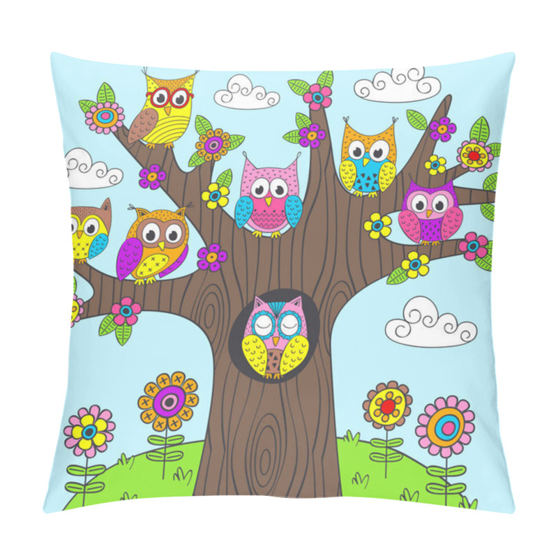 Personality  Funny Owls On The Tree - Vector Illustration, Eps Pillow Covers