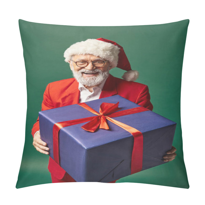 Personality  Elegant Jolly Santa In Stylish Red Attire And Hat Showing Big Present At Camera, Winter Concept Pillow Covers