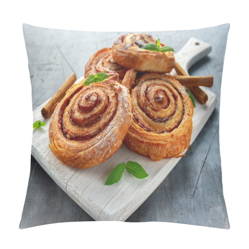 Personality  Freshly Baked Traditional Sweet Cinnamon Rolls, Swirl On White Wooden Board Pillow Covers