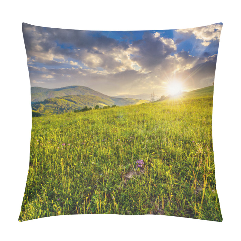 Personality  Green Meadow On A Mountain Hillside At Sunset Pillow Covers